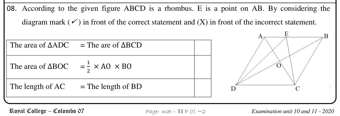 Paper I Part A Q8: True/false on areas and diagonals of a rhombus