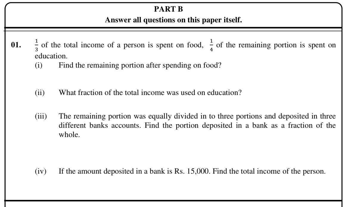 Paper I Part B Q1: Fractions of income on food, education and bank deposits