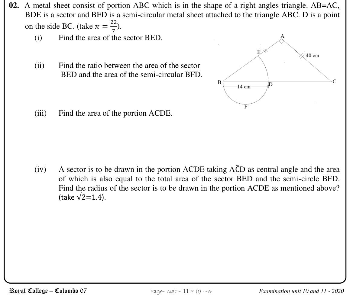 Paper I Part B Q2: Sector and semicircle on right isosceles triangle; equal-area sector