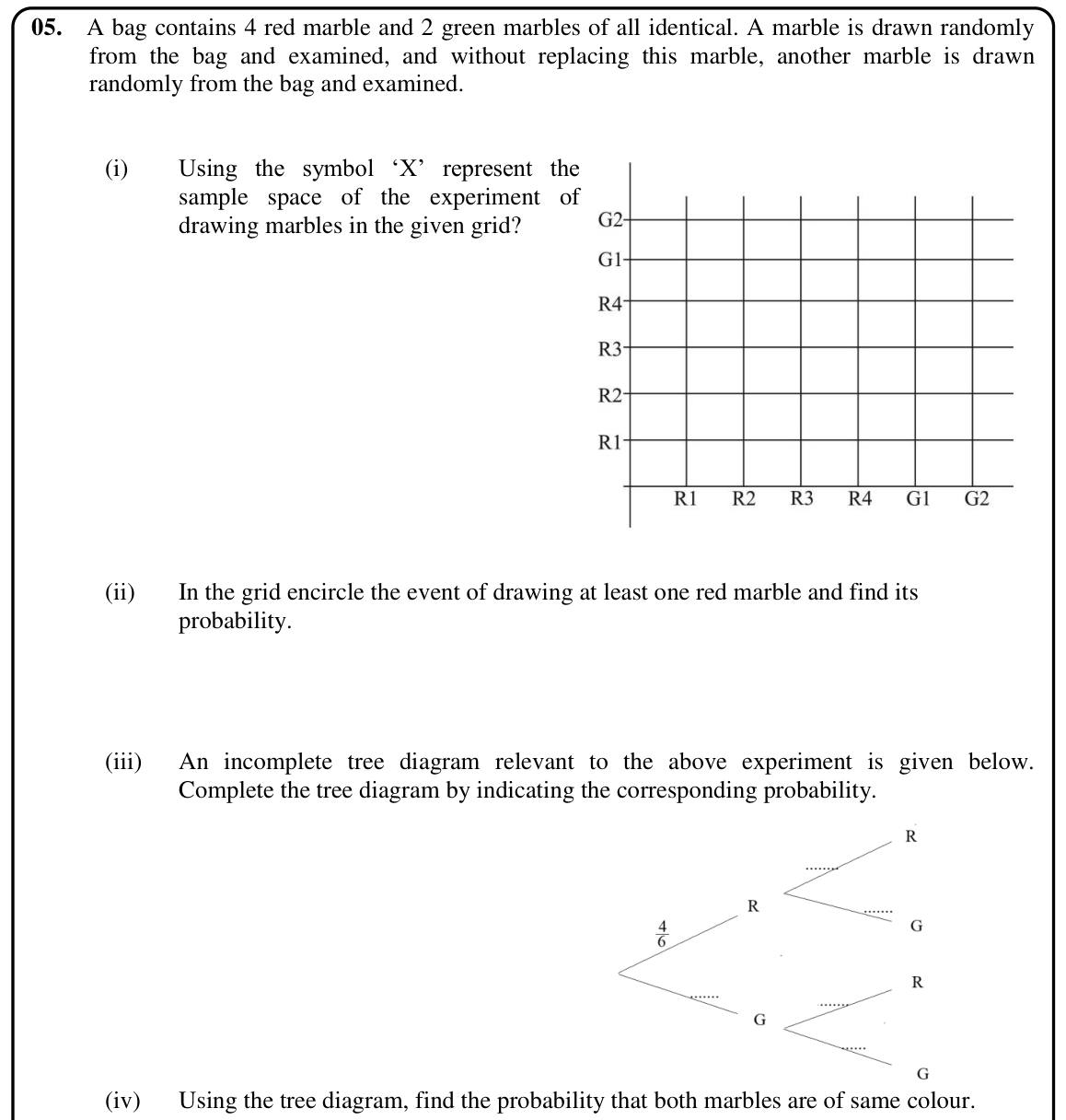 Paper I Part B Q5: Marbles without replacement: grid and tree diagram