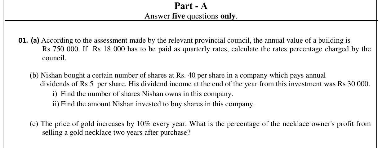 Paper II Part A Q1: Rates percent; shares from dividend; compound gold price rise