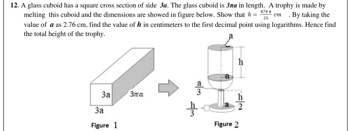 Paper II Part B Q12: Cuboid melted into a trophy; height formula by logs