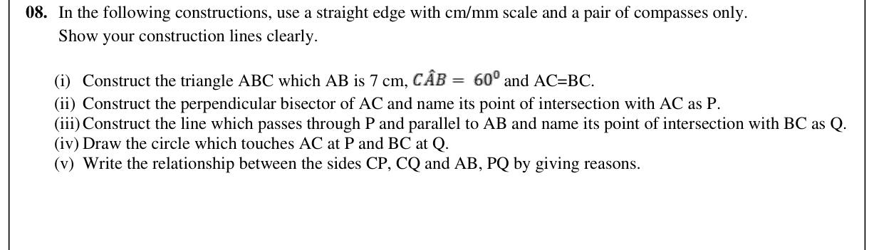 Paper II Part B Q8: Construct equilateral triangle, midpoints and touching circle