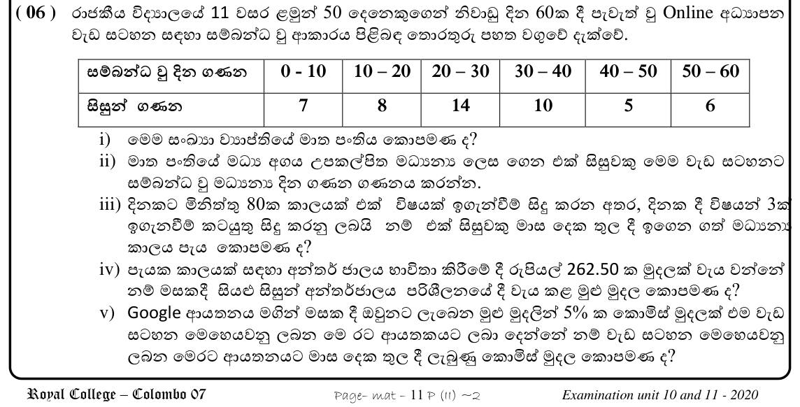 Paper II Part A Q6: Mean days of online classes; time and internet costs