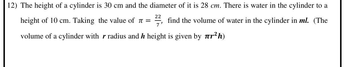 Paper I Part A Q12: Volume of water in a cylinder in millilitres
