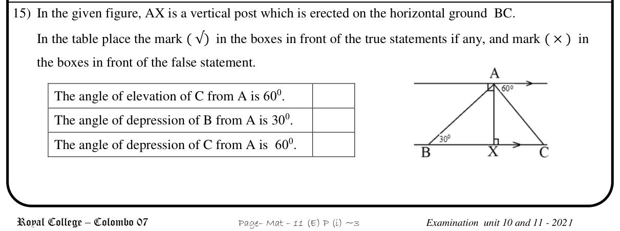 Paper I Part A Q15: True or false: angles of elevation and depression