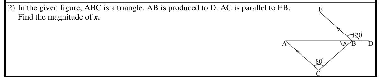 Paper I Part A Q2: Angle in a triangle using parallel lines