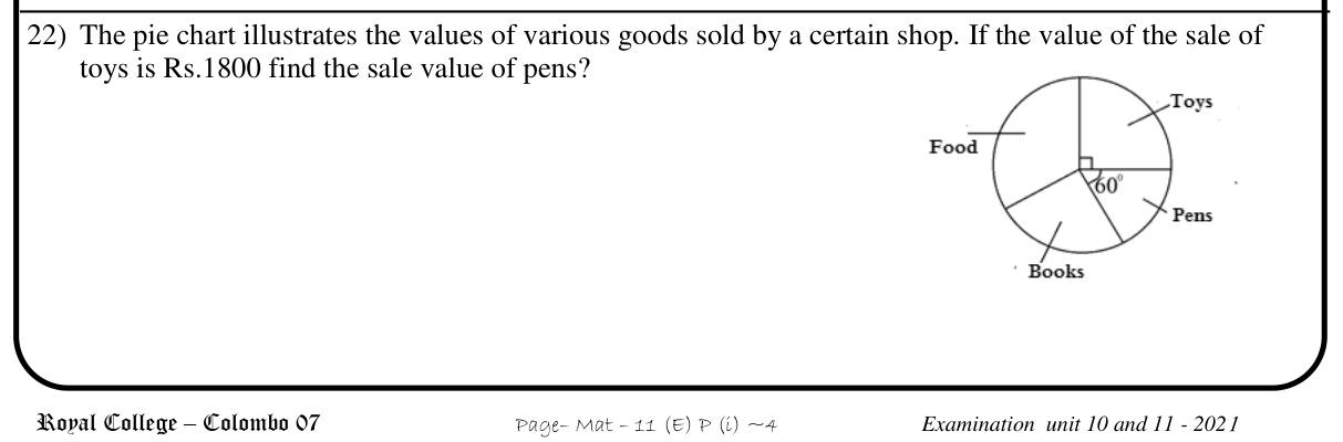 Paper I Part A Q22: Sale value from pie chart sector angles