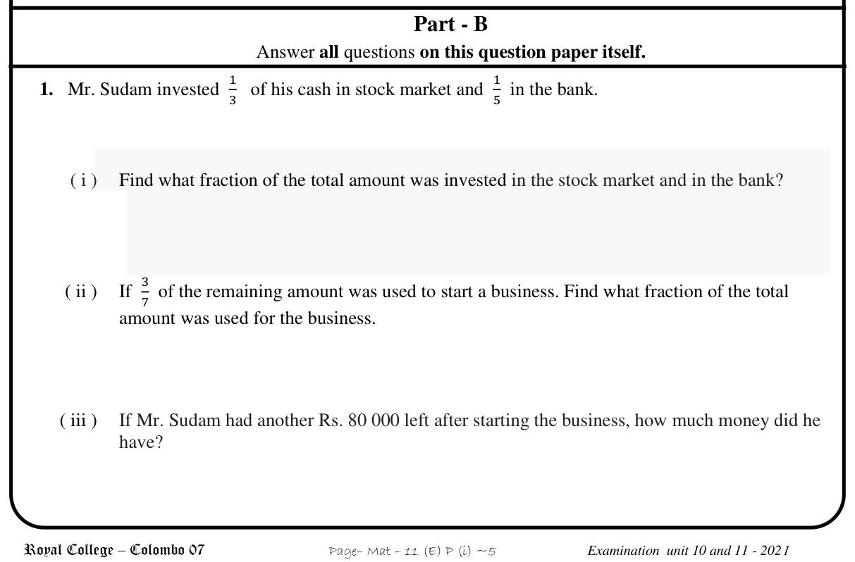 Paper I Part B Q1: Fractions of money invested; total from remaining amount