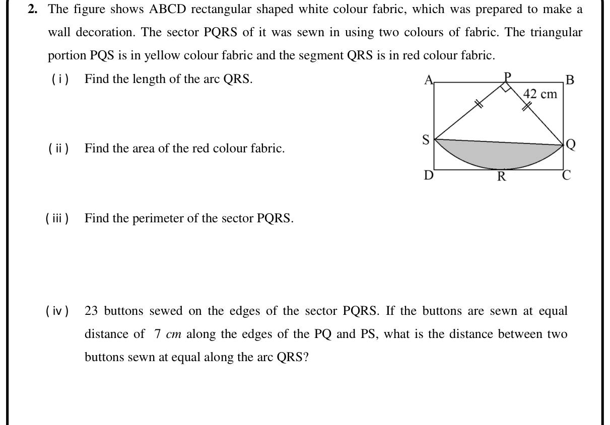 Paper I Part B Q2: Quadrant decoration: arc, segment area, perimeter, button spacing