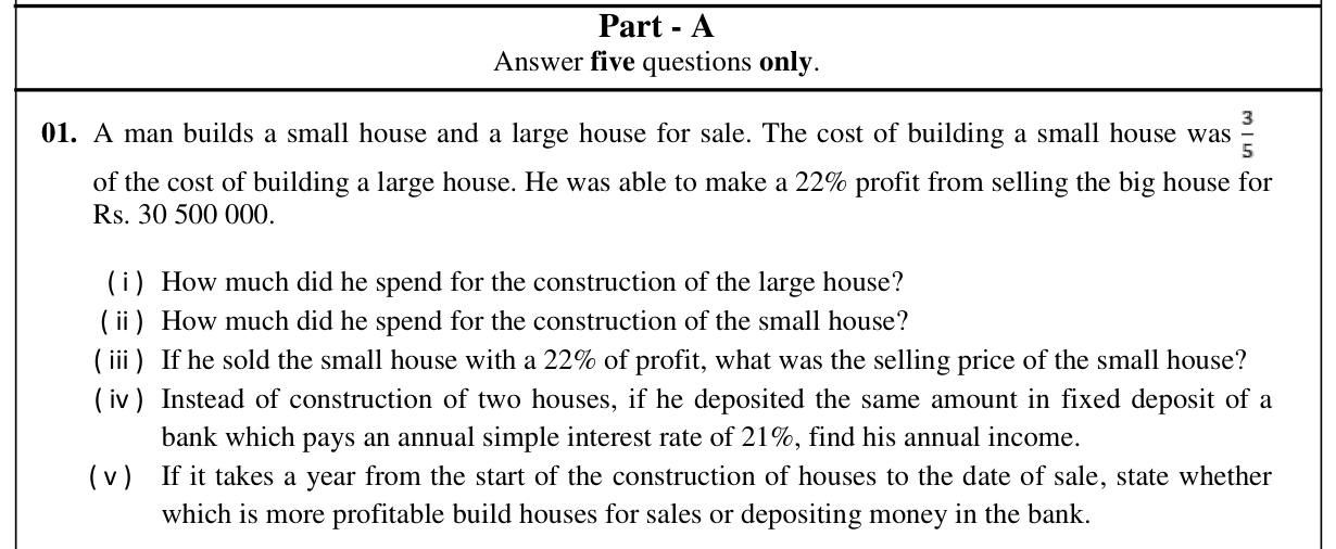 Paper II Part A Q1: Building houses for profit versus a fixed deposit