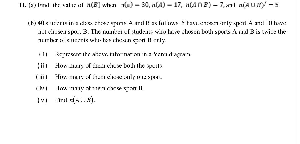 Paper II Part B Q11: Find n(B) from given counts; Venn diagram for two sports