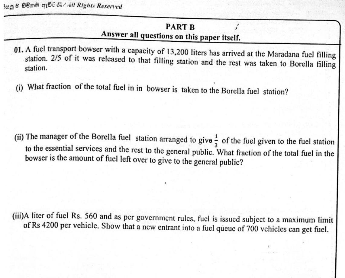 Paper I Part B Q1: Fractions of fuel shared between stations and vehicles