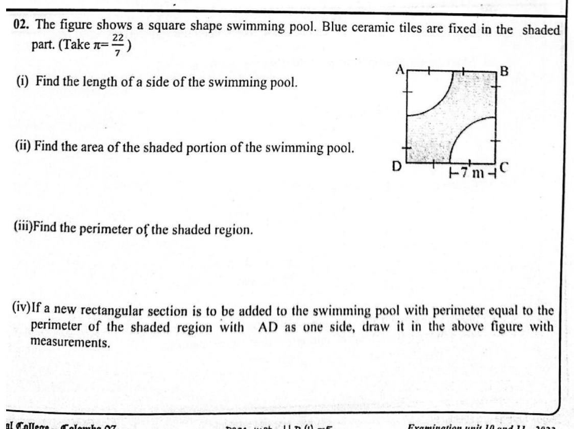 Paper I Part B Q2: Square pool with quarter-circle corners: side, shaded area, perimeter, rectangle
