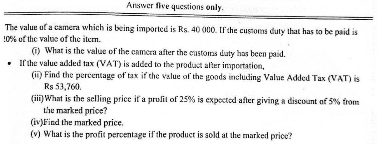 Paper II Part A Q1: Customs duty, VAT rate, marked price and profit percentage