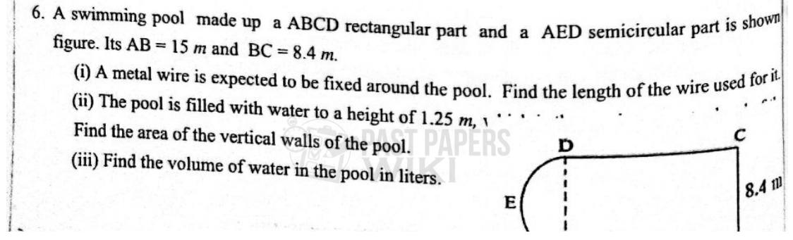 Paper II Part A Q6: Pool with semicircular end: wire length, wall area, water volume