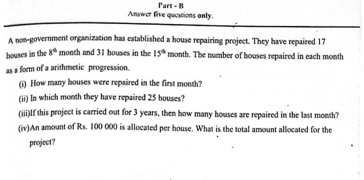 Paper II Part B Q7: Arithmetic progression of houses repaired per month