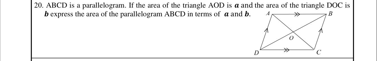 Paper I Part A Q20: Parallelogram area from triangles formed by diagonals