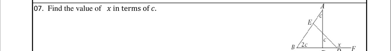 Paper I Part A Q7: Exterior angle x in terms of c from triangle angles