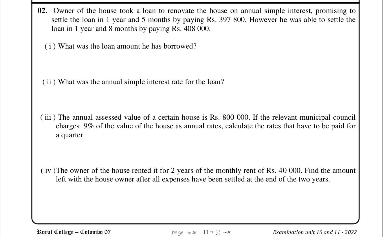 Paper I Part B Q2: Loan and simple interest rate from two settlements; rates and rent