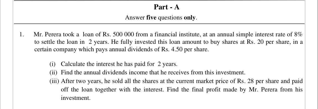 Paper II Part A Q1: Loan interest, share dividends and final profit on resale