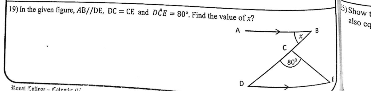 Paper I Part A Q19: Angle from parallel lines and an isosceles triangle