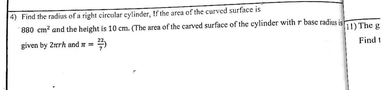 Paper I Part A Q4: Cylinder radius from curved surface area