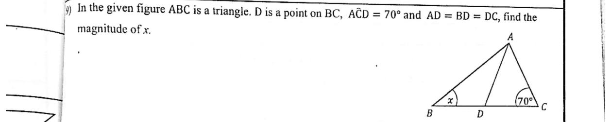 Paper I Part A Q9: Angle using equal segments AD = BD = DC