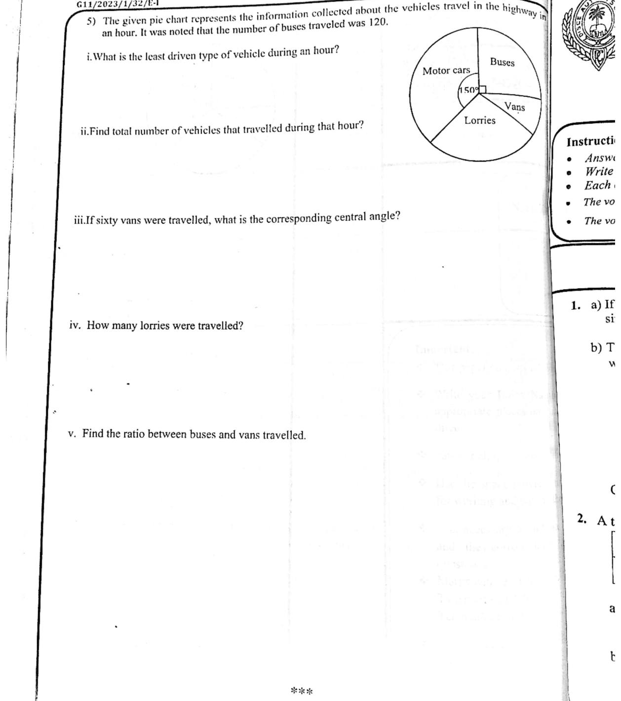 Paper I Part B Q5: Vehicle numbers and angles from a pie chart