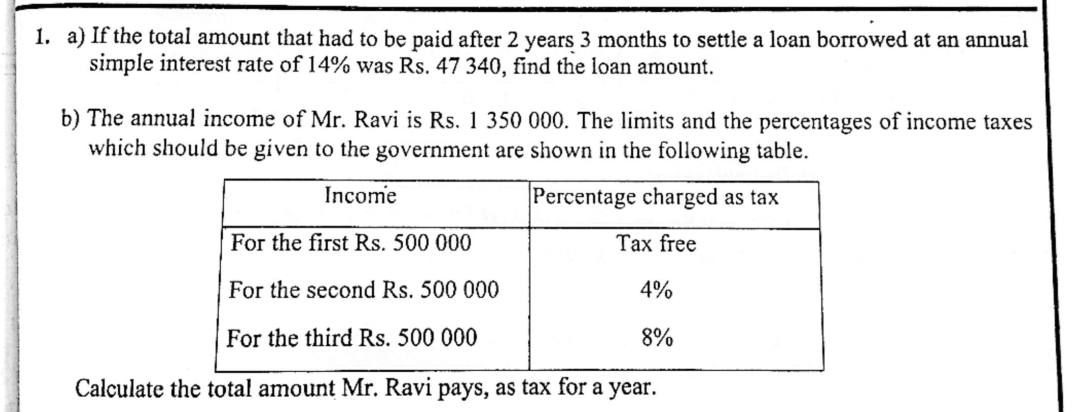 Paper II Part A Q1: Loan from simple-interest total; income tax in slabs