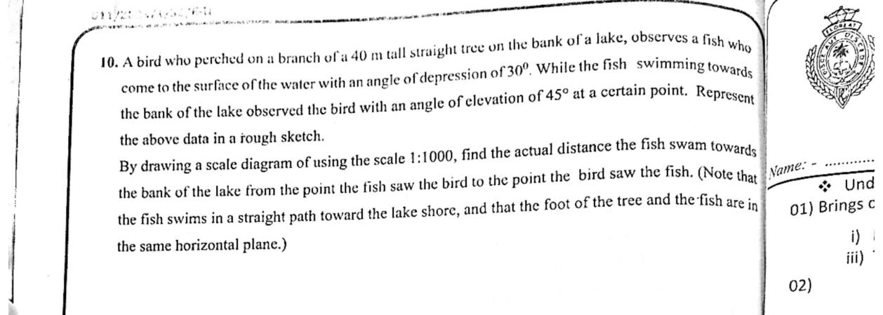 Paper II Part B Q10: Scale diagram of angles of depression and elevation over a lake