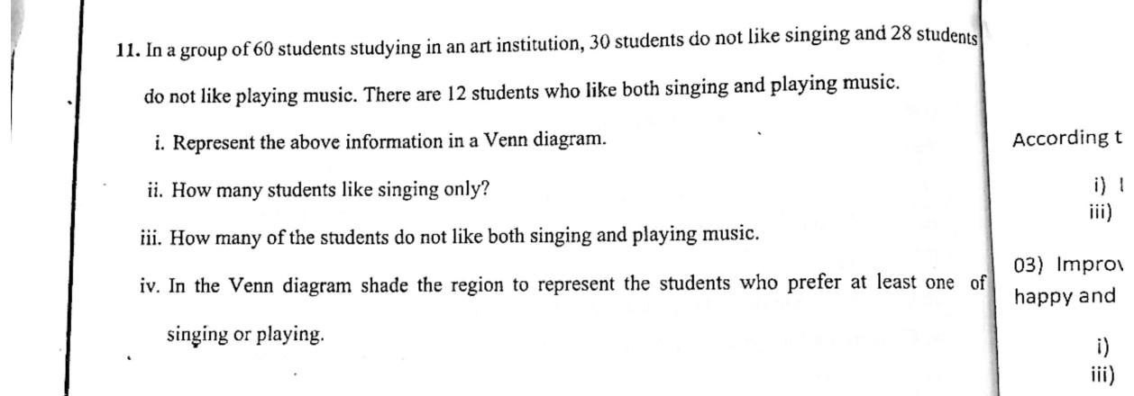 Paper II Part B Q11: Venn diagram of students liking singing and music