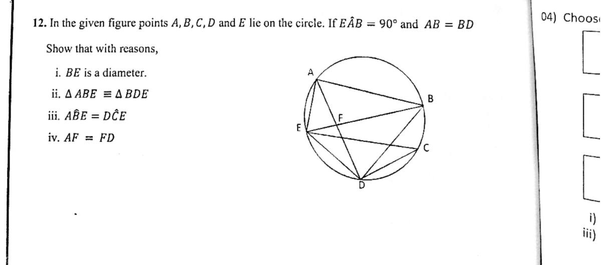 Paper II Part B Q12: Circle proofs: diameter, congruent triangles, equal angles and segments