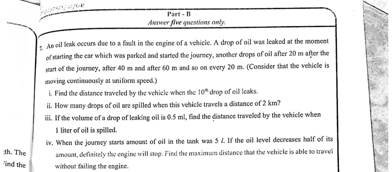 Paper II Part B Q7: Oil drops every 20 m as an arithmetic progression