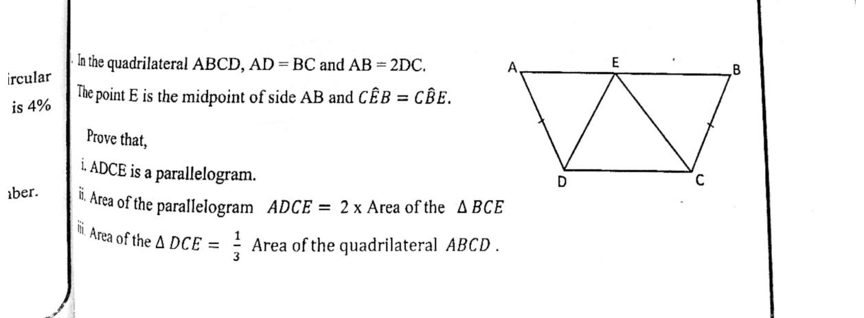 Paper II Part B Q9: Prove a parallelogram and area relations in a quadrilateral