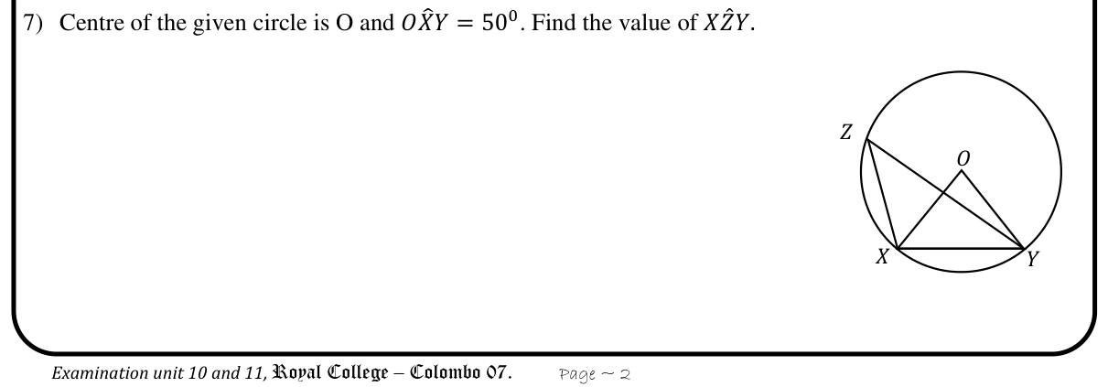 Paper I Part A Q7: Inscribed angle from base angle of isosceles triangle at centre