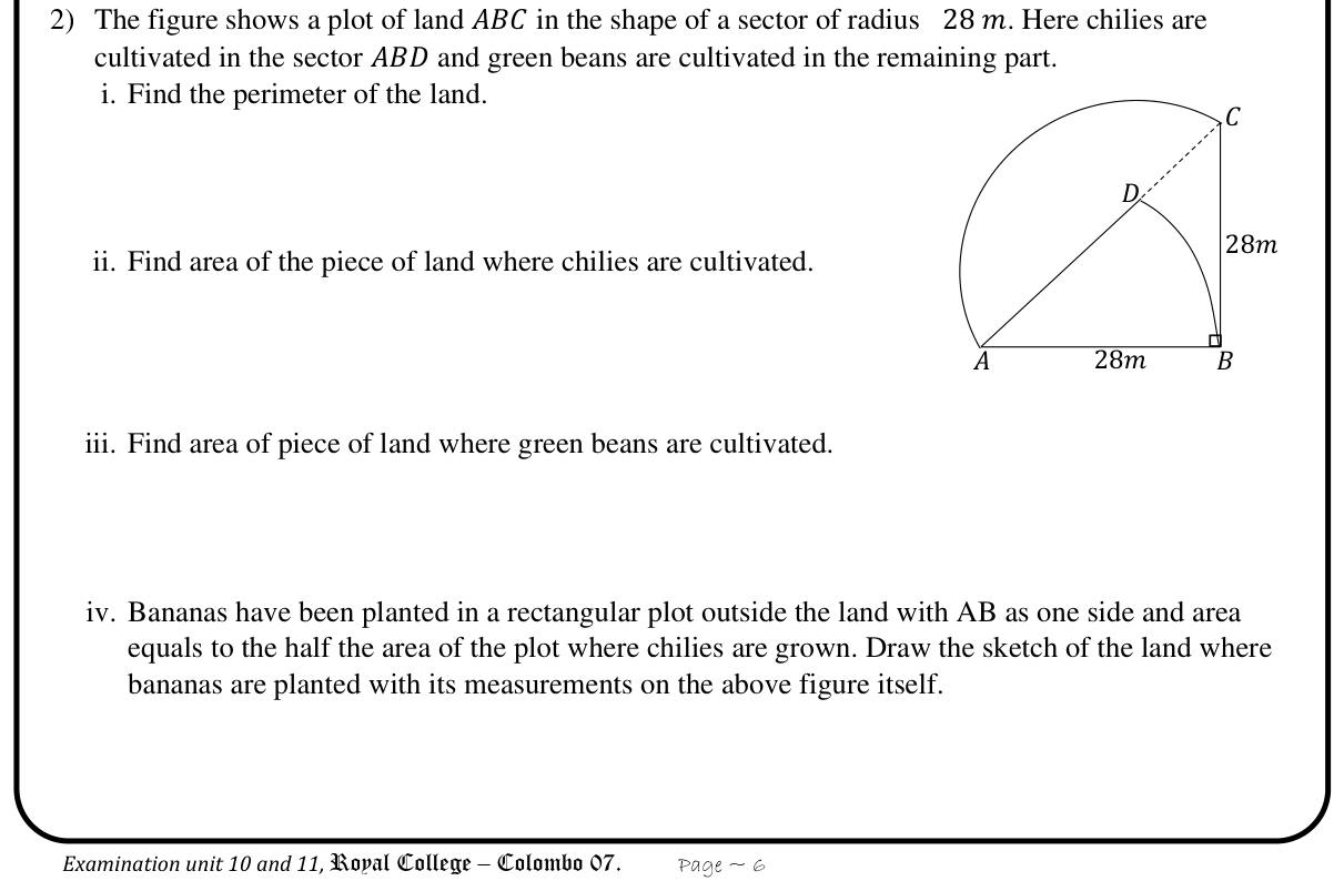 Paper I Part B Q2: Quarter-circle plot with an inner sector: perimeter and areas