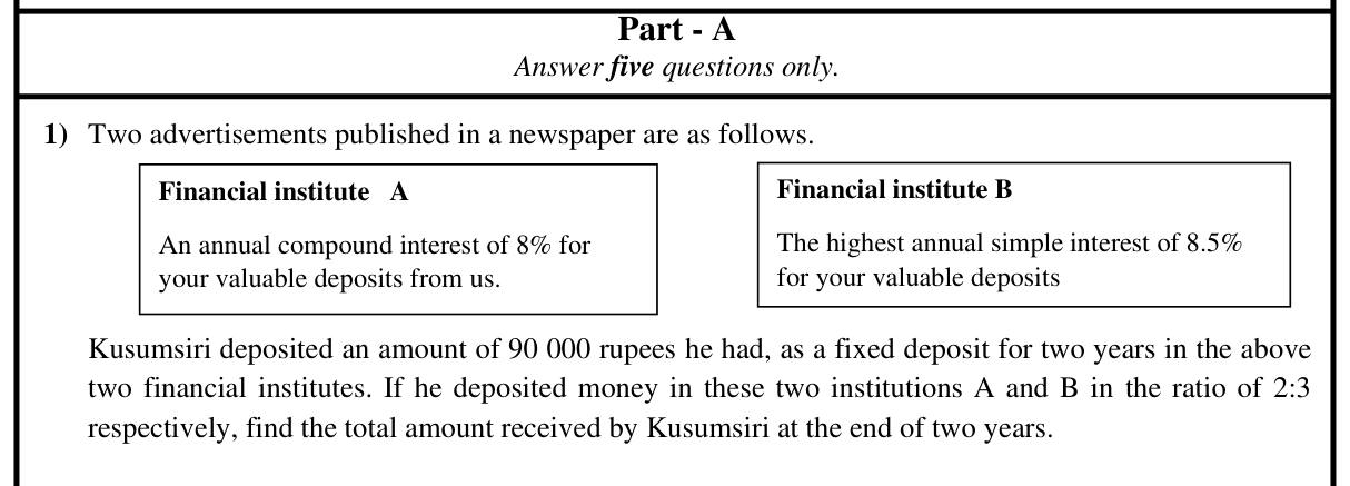Paper II Part A Q1: Compare compound and simple interest deposits split in a ratio