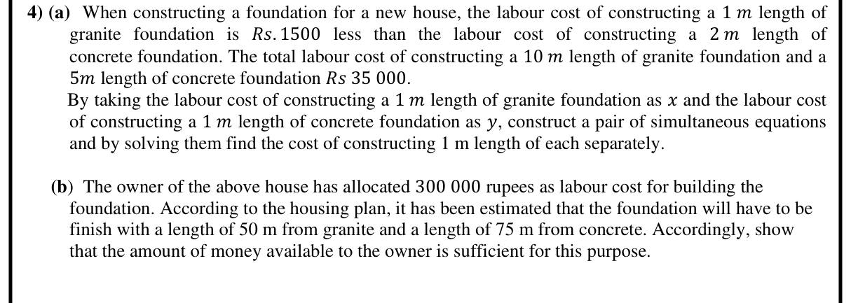 Paper II Part A Q4: Simultaneous equations for foundation labour costs; check a budget