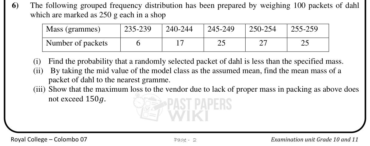Paper II Part A Q6: Grouped data of packet masses: probability, mean, maximum loss