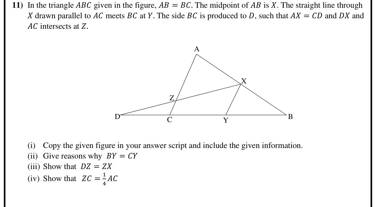 Paper II Part B Q11: Midpoint theorem and converse in an isosceles triangle with produced side