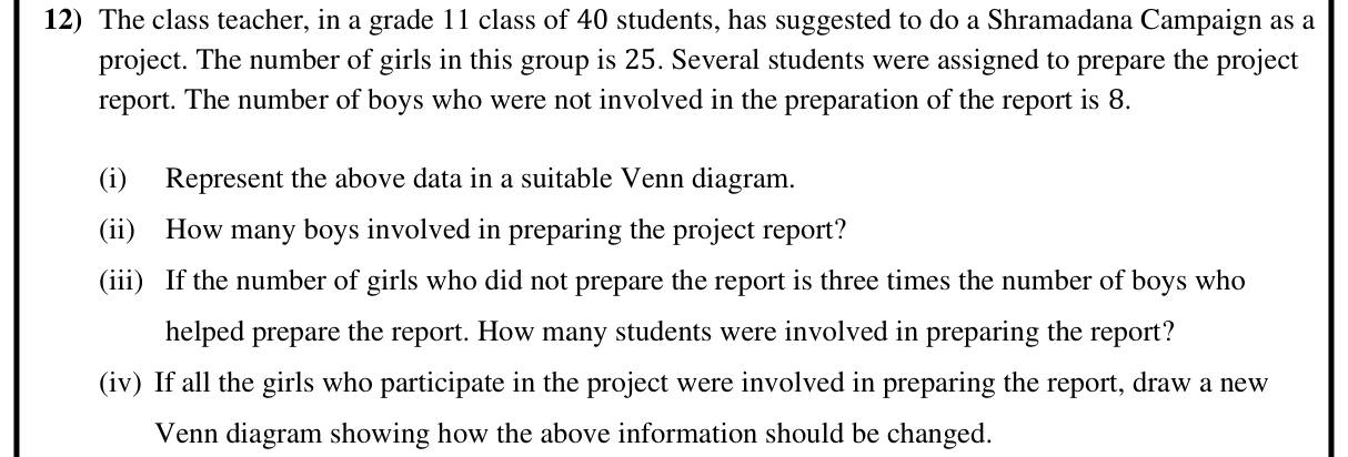 Paper II Part B Q12: Venn diagram of girls and report writers in a class