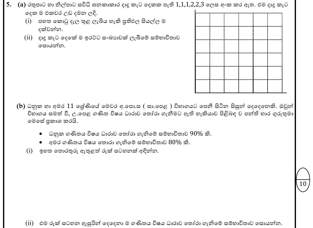 Paper I Part B Q5: Grid of outcomes for two marked dice; tree diagram for two students