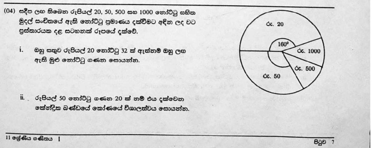 Paper I Part B Q4: Pie chart of banknotes: totals, sector angles, re-drawn chart