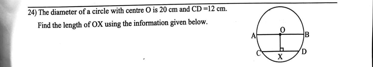 Paper I Part A Q24: Distance from centre to a 12 cm chord in a 20 cm circle