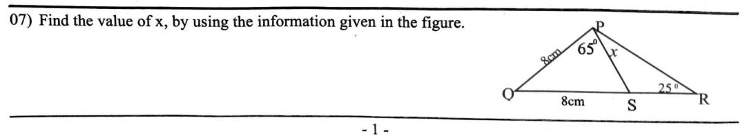 Paper I Part A Q7: Isosceles triangle and exterior angle; find x