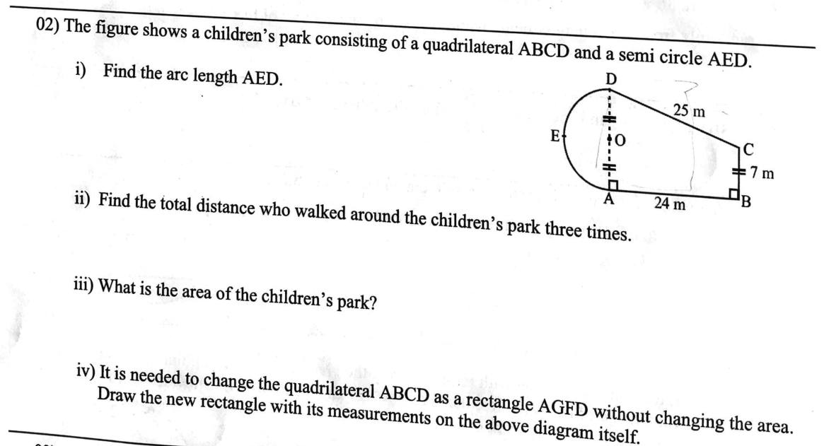 Paper I Part B Q2: Park of trapezium and semicircle: arc, perimeter, area, equal-area rectangle