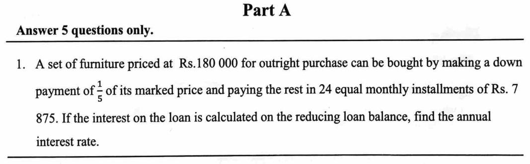 Paper II Part A Q1: Annual interest rate on a reducing-balance hire purchase