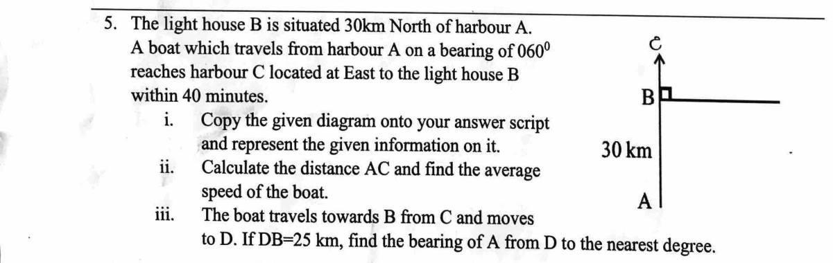 Paper II Part A Q5: Bearings and right triangle: distance, speed, bearing using trig tables