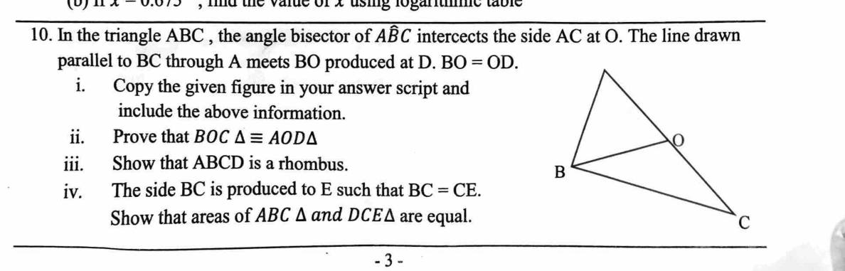 Paper II Part B Q10: Angle bisector and parallel: congruence, rhombus, equal triangle areas